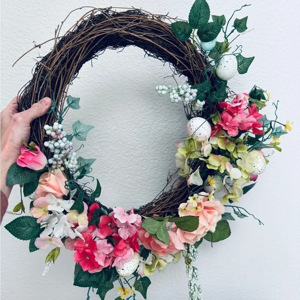 Spring Easter Egg Pink Floral Greenery Wreath